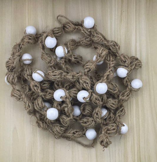 White Wood Beaded Bubble Jute Cord Garland