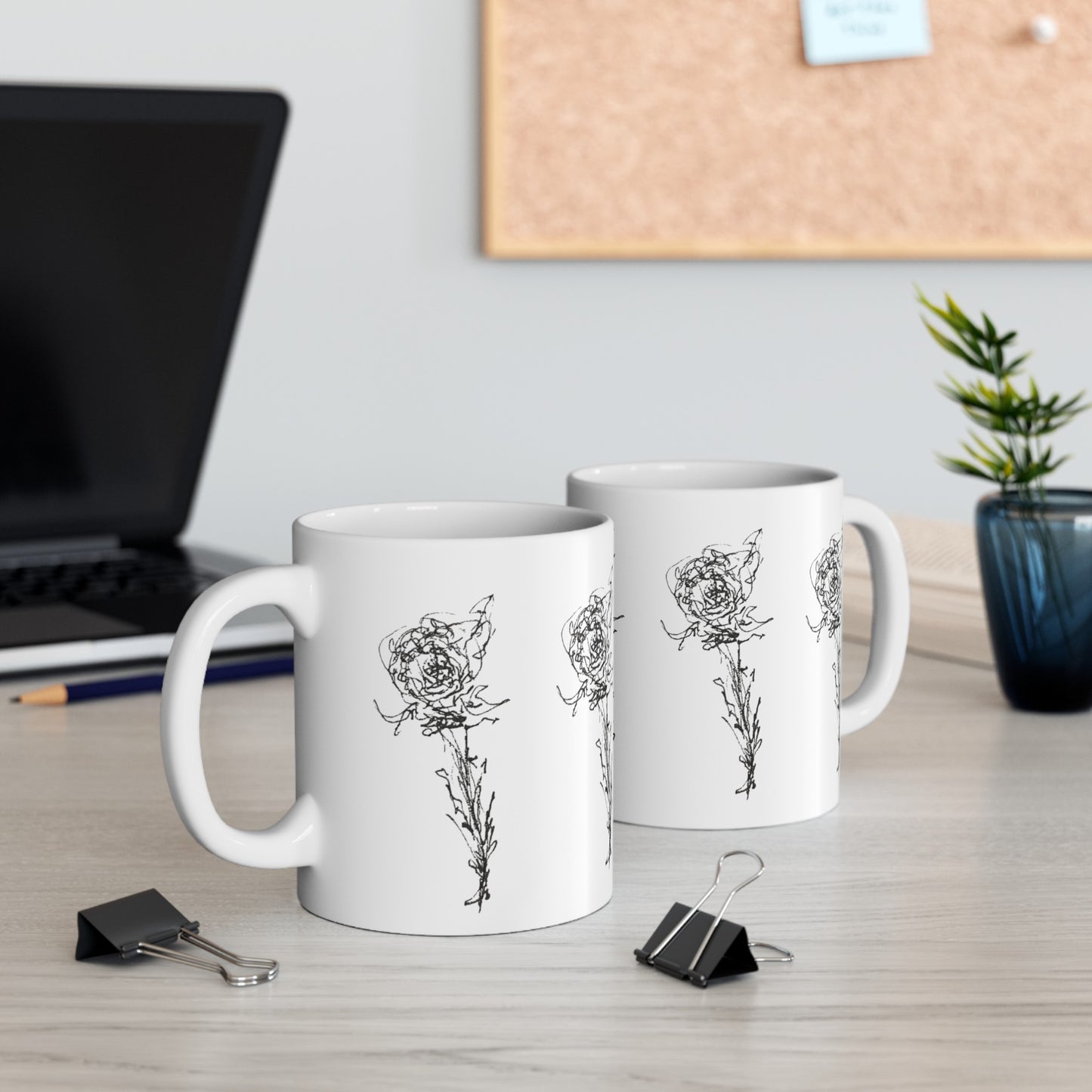 Large Rose Sketch Pattern Ceramic Mug